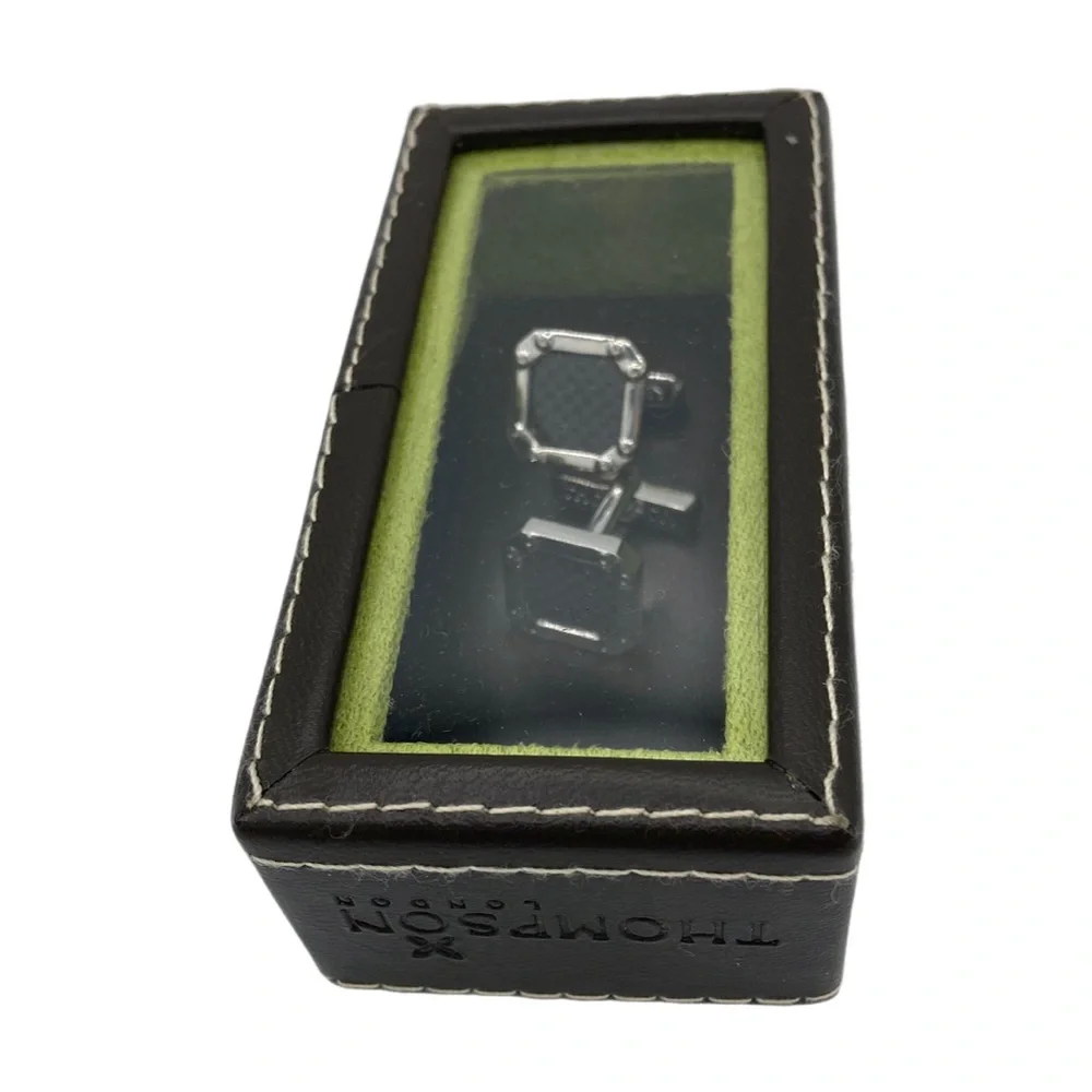 NWT Thompson London Rhodium Plated Black Carbon Fiber Square Bolt Cufflinks